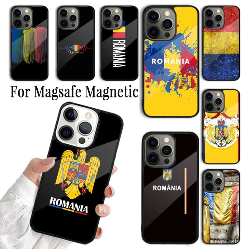 Cover per iPhone con Bandiera della Romania per iPhone 17 AIR 16 15 14 13 12 11 Pro Max Plus, Custodia Magnetica Wireless Magsafe