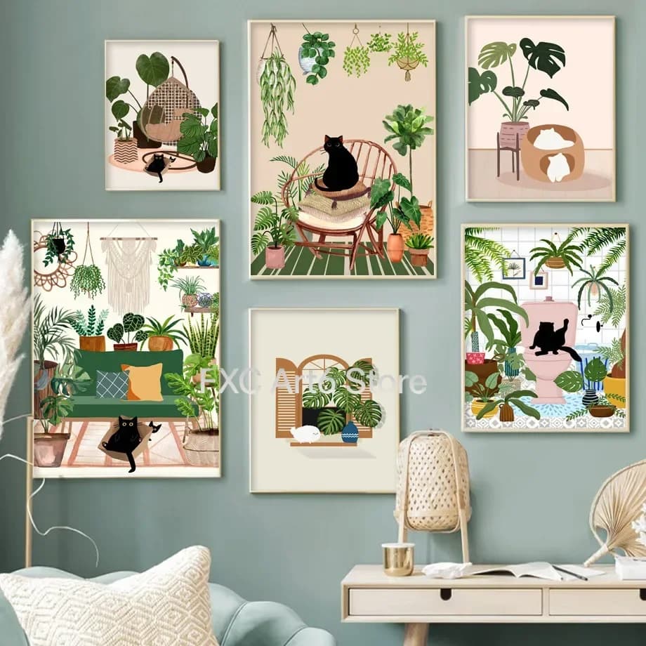 1PCS Frameless Abstract Green Plants Black Cat Wall Art Canvas Painting Aesthetics Posters And Prints Wall Pictures For Boho L