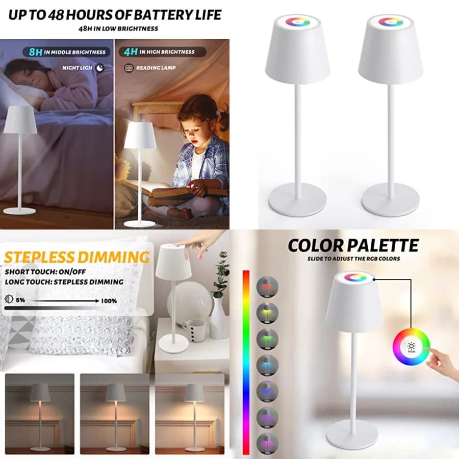 Set di 2 Lampade da Tavolo RGB Senza Fili, Lampada da Scrivania Ricaricabile 6600mWh, Dimmerazione Continua 3000K e Luce Notturna a LED con Cambio Colore