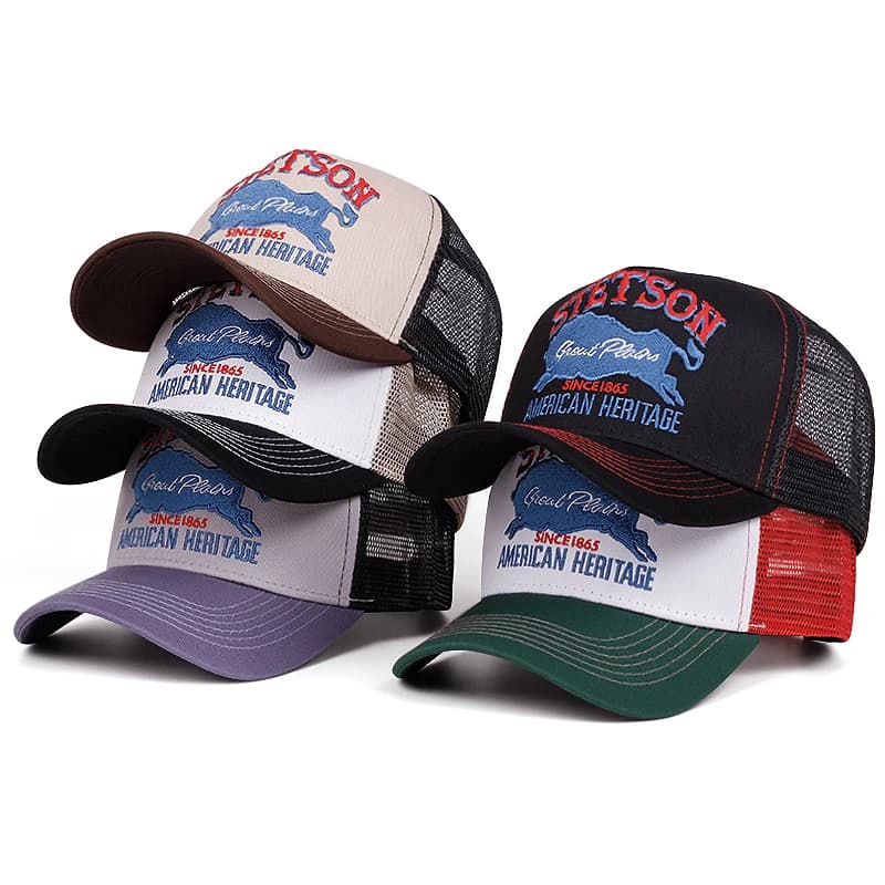 2025 Nuovo cappello da camion personalizzato STETSON Orso rosso Cappello in rete traspirante Cappello hip-hop da strada Cappello da baseball parasole per abbigliamento casual quotidiano