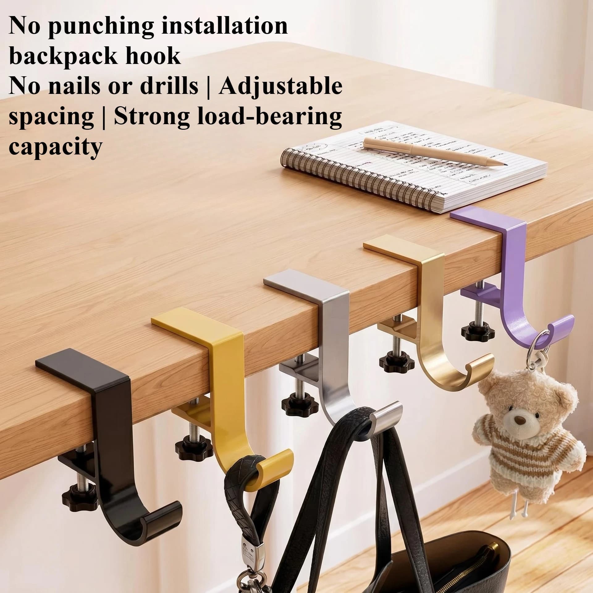Aluminum alloy desk edge backpack hook, no punching, student dormitory, strong load-bearing, adjustable hanging bag artifact