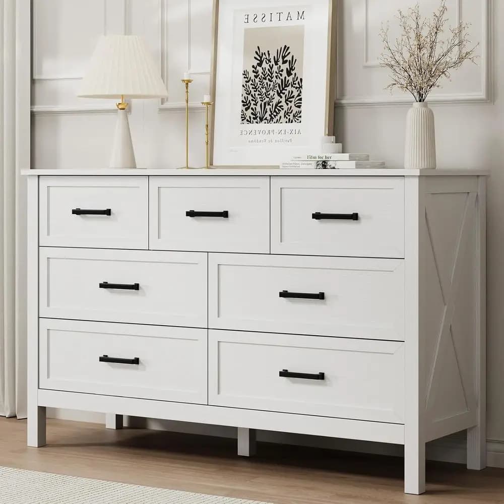 Rustic Wide Chest with Deep Drawers and Metal Handles for Bedroom or Hallway Storage
