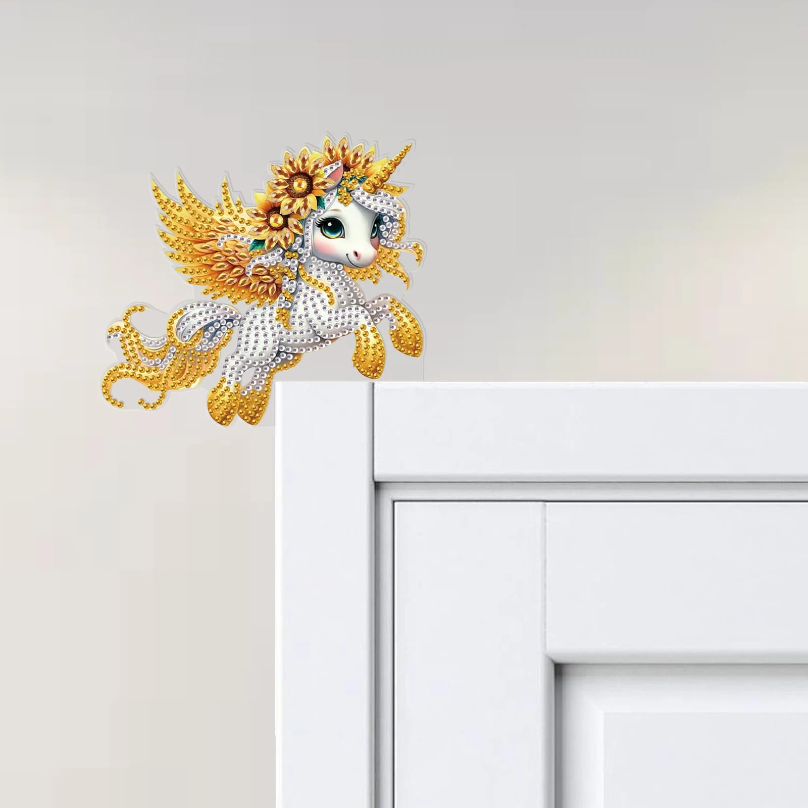 Corner decoration kit for doors with diamond painting, home kitchen door with special shape acrylic diamonds with white horse, artistic gift for decorations with frames