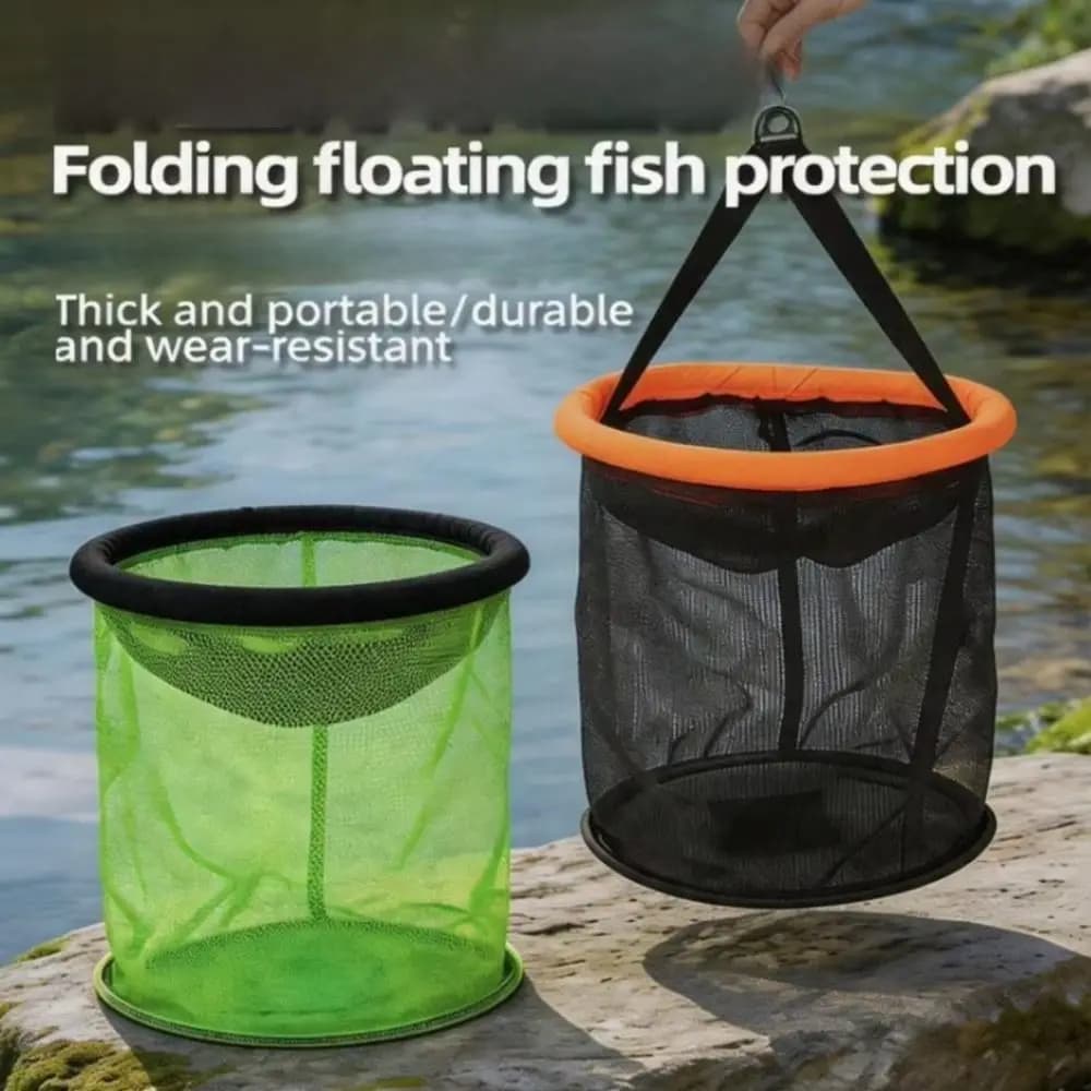 Durable Mesh Foldable Fishing Basket Drawstring Closure Bait Container Round Floating Basket Circular Collapsible Live Fish Net