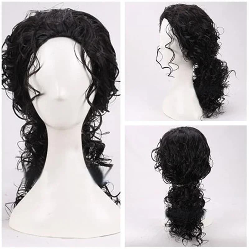 2026 Michael Jackson Cosplay Black Wig Michael Role Play Medium Long Curly Black Hair Pigtail Wig Halloween Cos Wigs + a wig cap