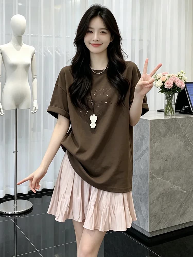Casual Fashionable Women's Set round Neck Short Sleeve T-Shirt Elegant Half Skirt Breathable mid Weight Summer Outfit
