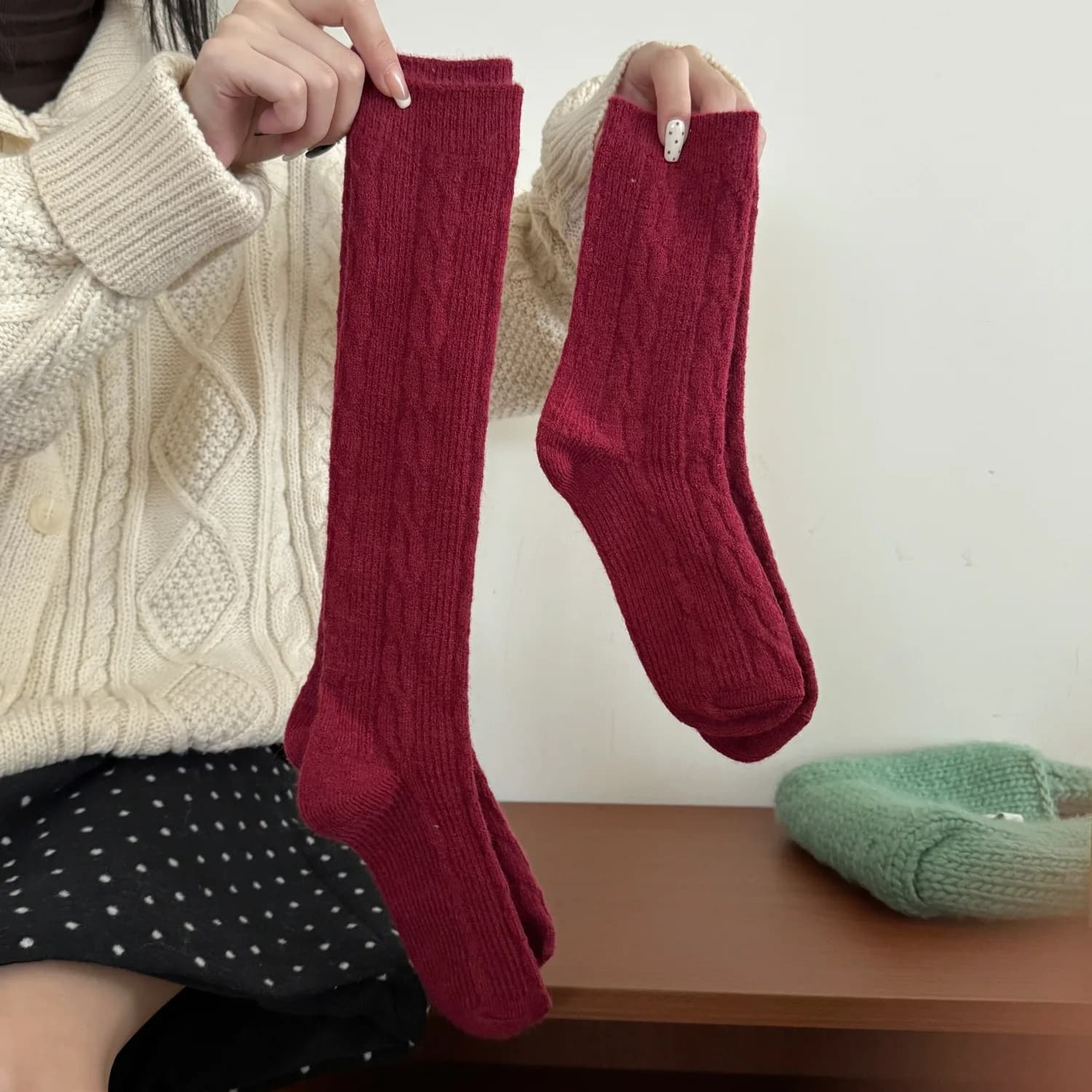 SP&CITY Calzini al polpaccio con motivo a torsioni giapponesi Calzini invernali in maglia ispessita solida stile college da donna Calzini morbidi a doppio ago