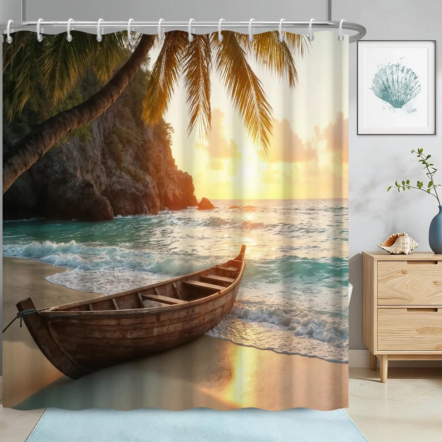 Tenda da Doccia Ocean Beach per Bagno, Tenda Doccia in Tessuto con Paesaggio Tropicale, Palme, Barca e Tramonto sul Mare, con 12 Ganci