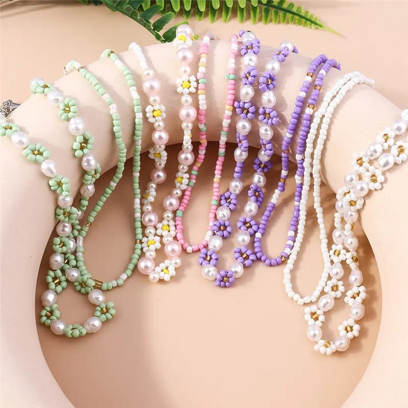 Collana Corta da Donna, Gioielli Estivi Bohemien Coreani, Regalo per le Vacanze, Accessori con Perline a Fiore