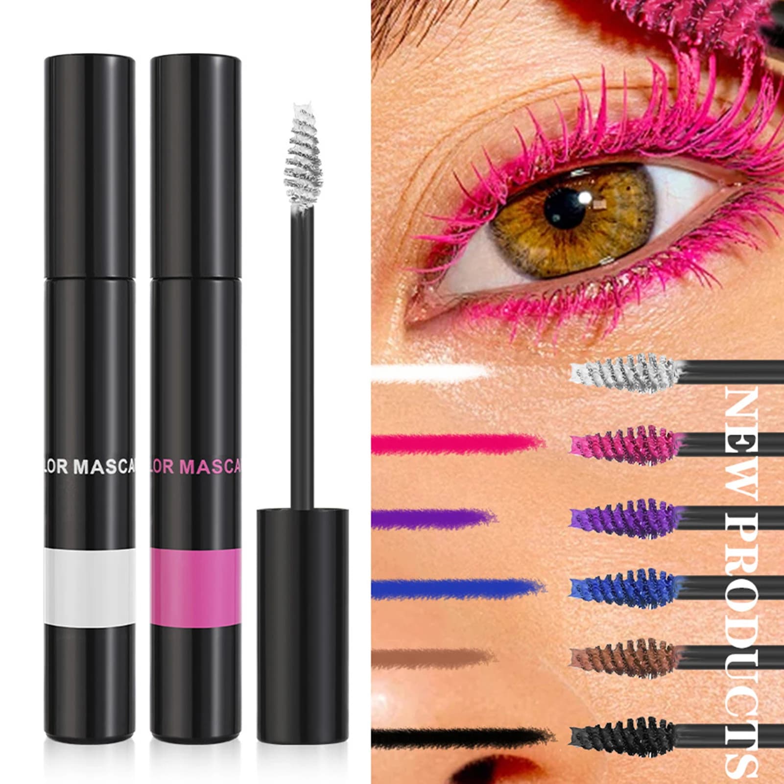 Mascara colorato Mascara arricciacapelli colorato Ricciolo spesso Non sbavature Trucco occhi bianco/rosa/viola/marrone/blu/nero a lunga durata
