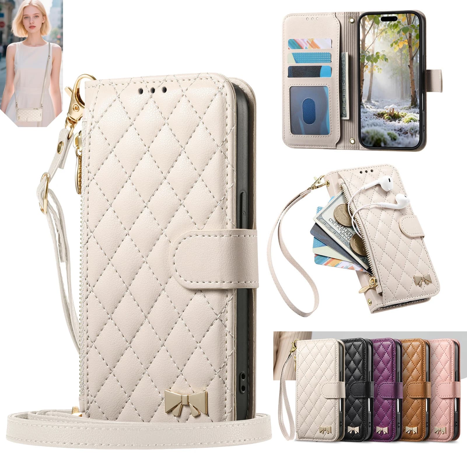 IPhone 17 Air 16 Pro Max 16e 15 Plus 14 13 12 Pro Max /Plus with bow and wallet with PU leather zipper
