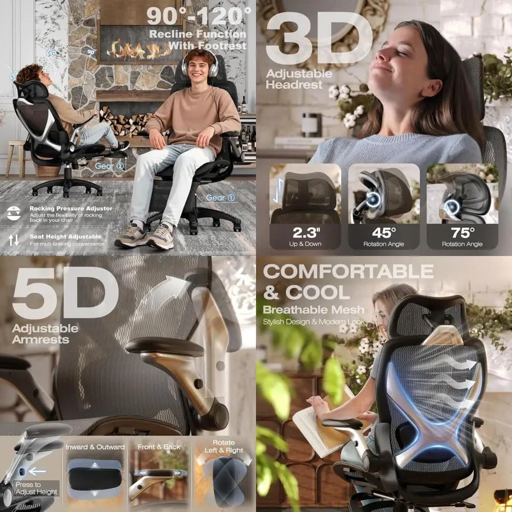 Sedia da Ufficio Ergonomica in Rete con Poggiapiedi, Seduta Ampia per Persone Alte, Braccioli Regolabili 5D, Supporto Lombare 3D, Ideale per Gaming e Lavoro