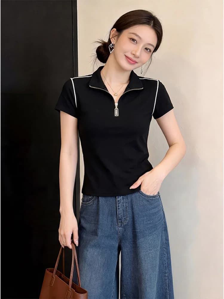 Slim Fit Short Sleeve T-Shirt Women's Summer High Waist Line Contrast Color Collar Micro plus Size Black Top Commute Style