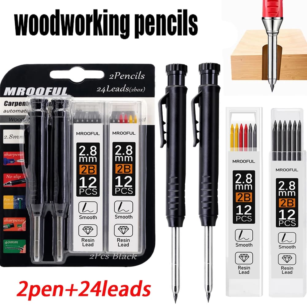 Set di Matite Meccaniche da Falegname 2.8mm con Temperino Integrato e 2 Scatole di Mine, Strumenti per Marcatura e Disegno nel Legno