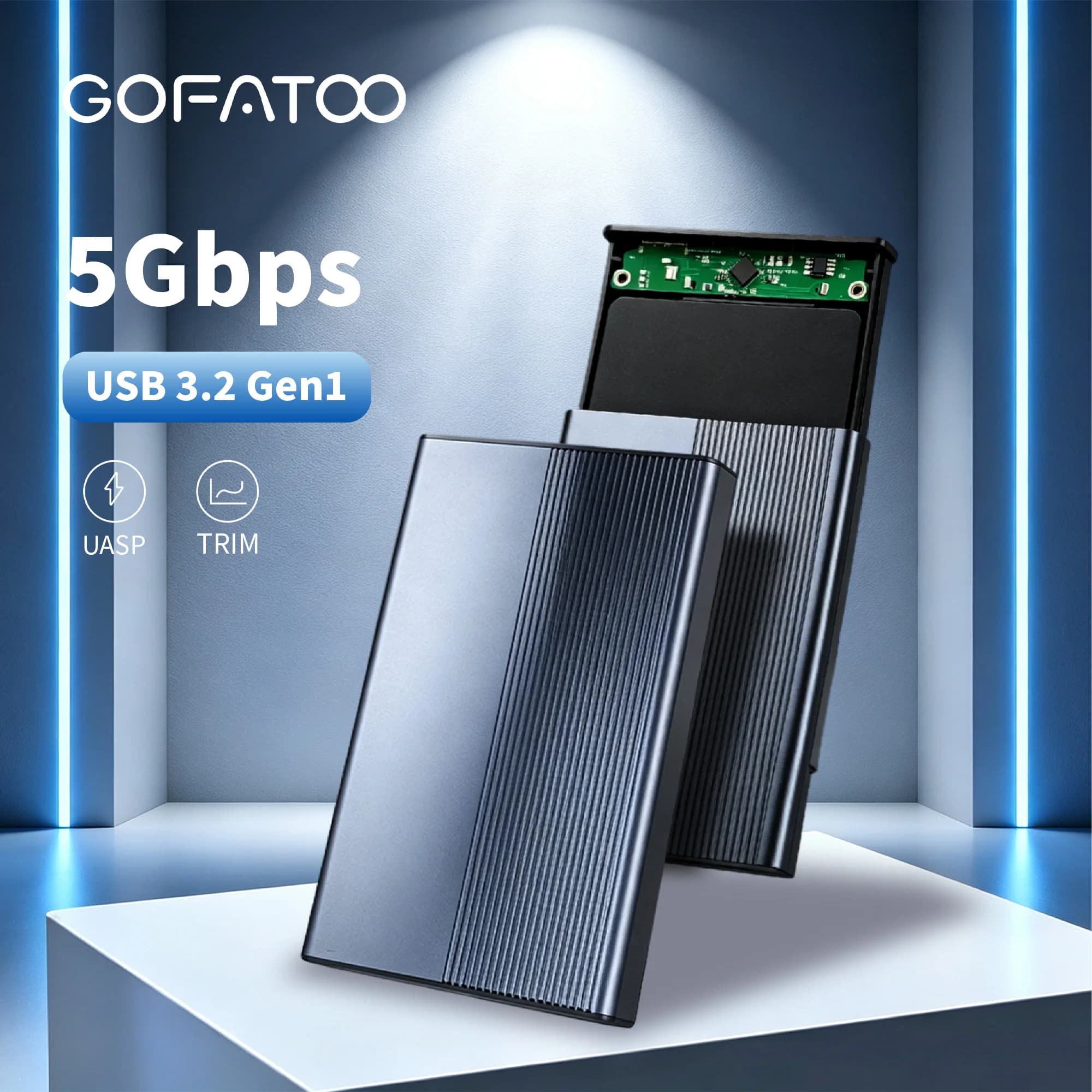 GOFATOO 2.5" SATA USB3.0 Hard Drive Enclosure, External SSD Case with USB-A & Type-C Dual Interface Cable, Support 6TB