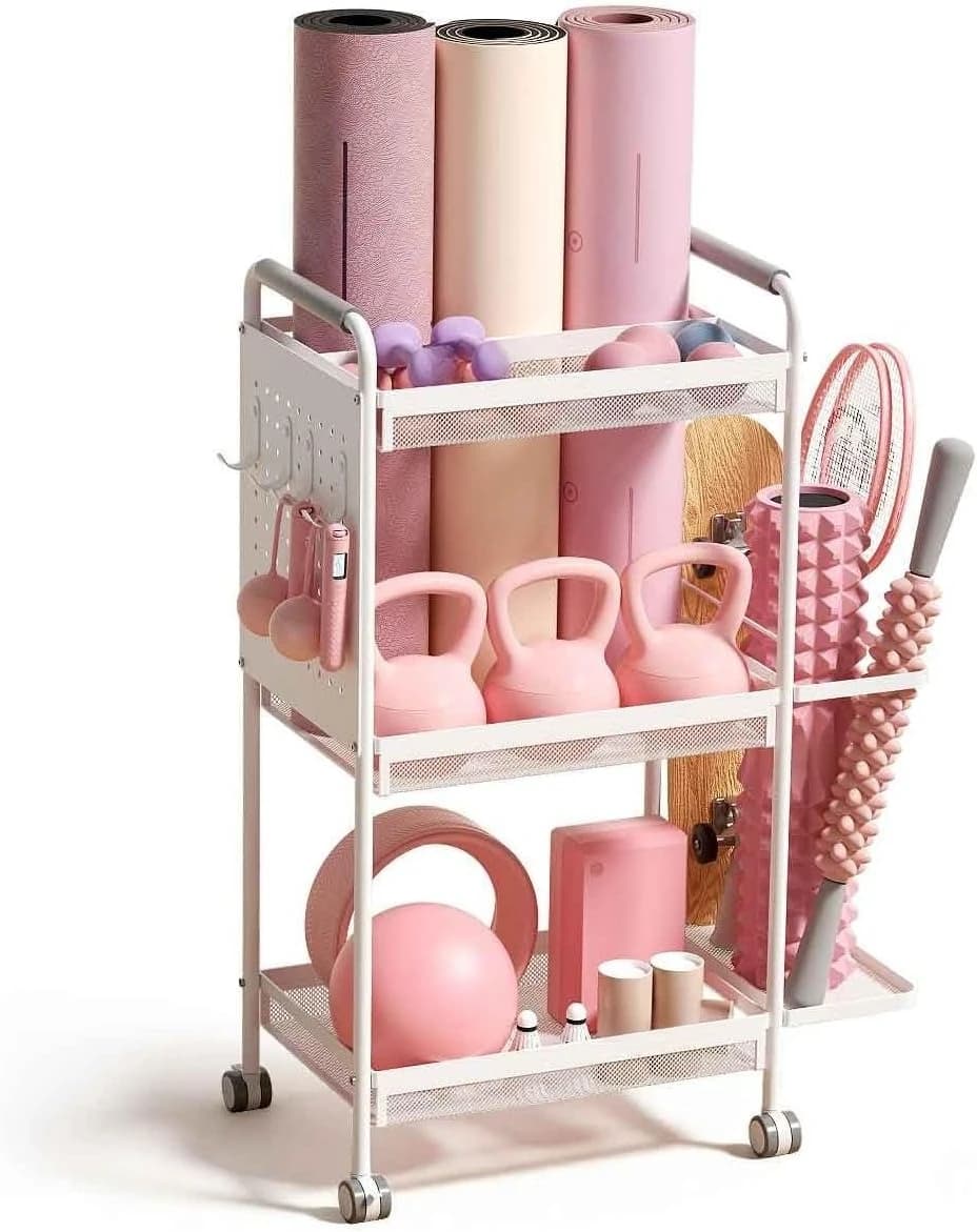 3-Tier Gym Storage Rack for Home Gym–Multi-Functional Weight Rack, Dumbbell Rack, Yoga Mat Holder with Side Basket & 6 Ho