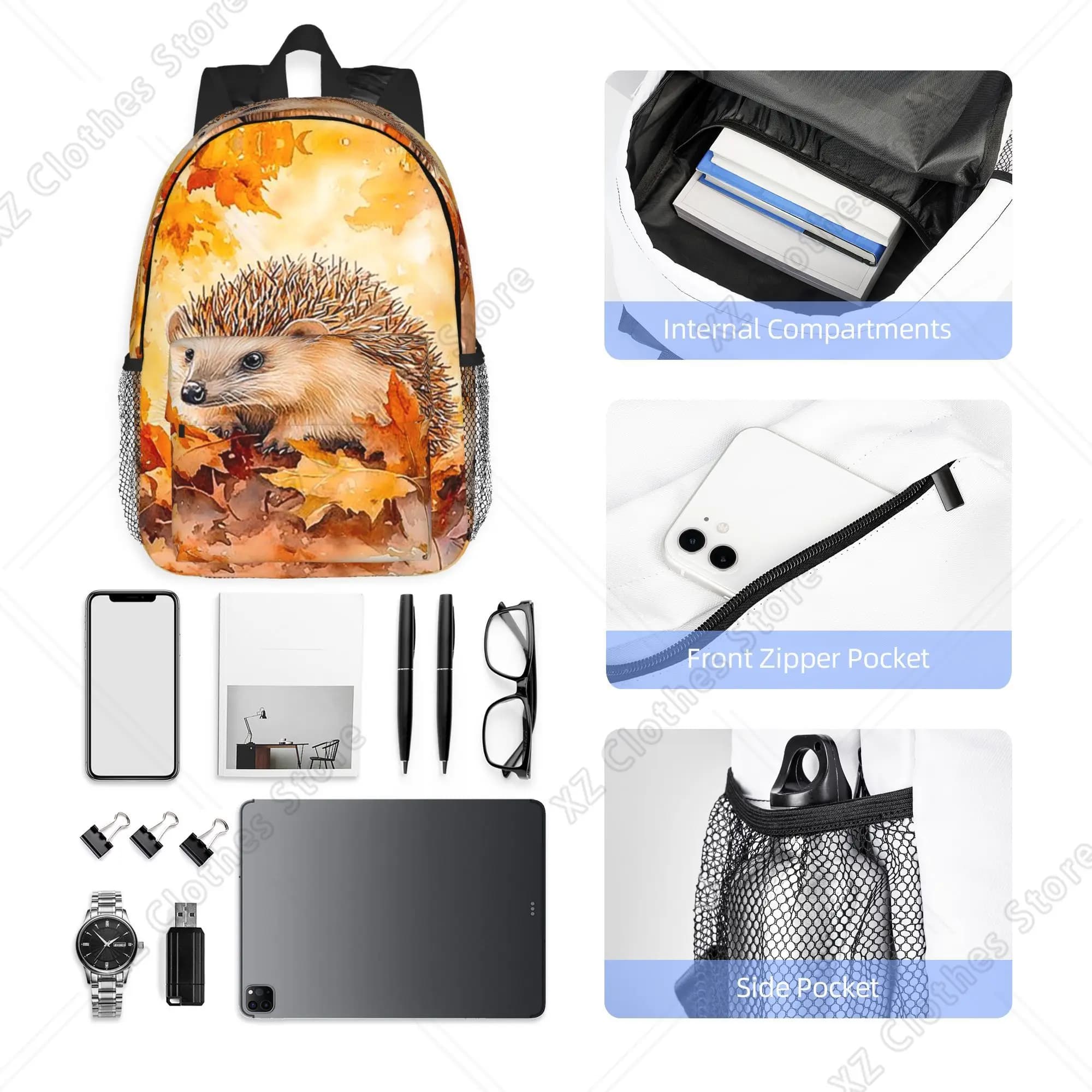 Hedgehogs Autumn Leaves Designed Backpack Hot Sale Daypack Large Capacity Boy Girl BookBag Shoulder Bag for Men Women School Bag