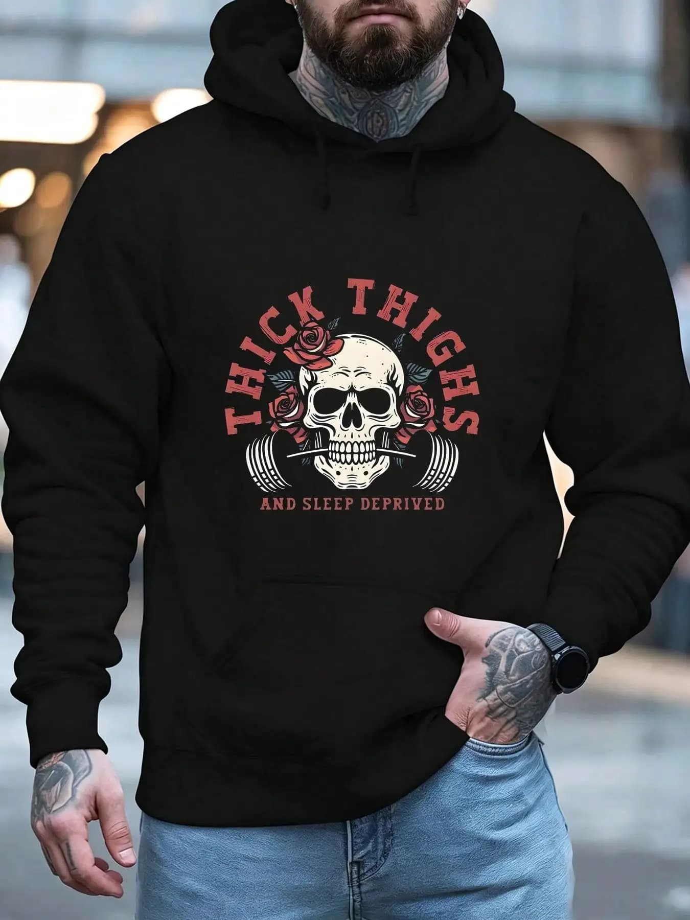 Skull Rose Dumbbell Print Hoodie, Cool Hoodies For Men, Casual Hooded Sweatshirt With Kangaroo Pocket For Winter And Fall