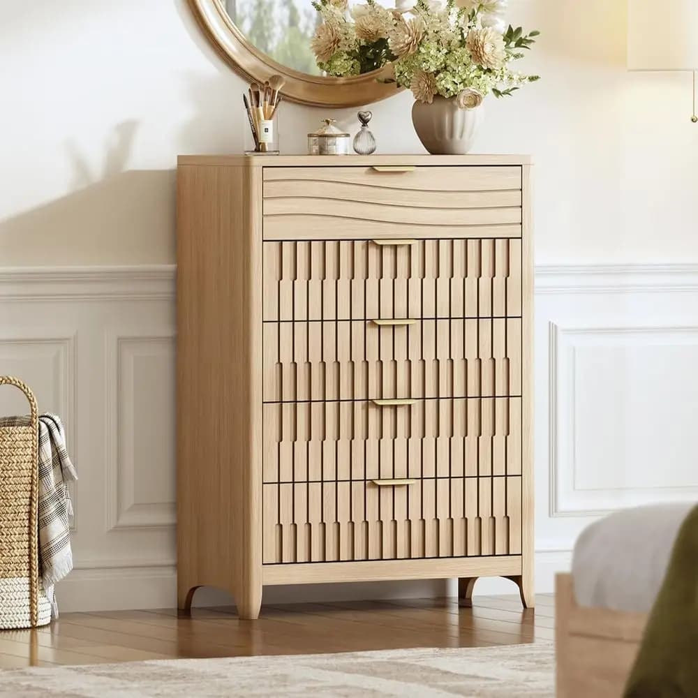 5 Drawer Tall Wooden Chest with Metal Handles, Natural Oak Storage Organizer for Bedroom, Living Room, and Entryway
