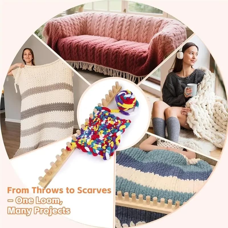 N96R Adjustable Wooden Frame Knitting-Loom Kit Chunky Yarn, Ideal For Beginners For DIY Blankets, Scarves, And Home Decor