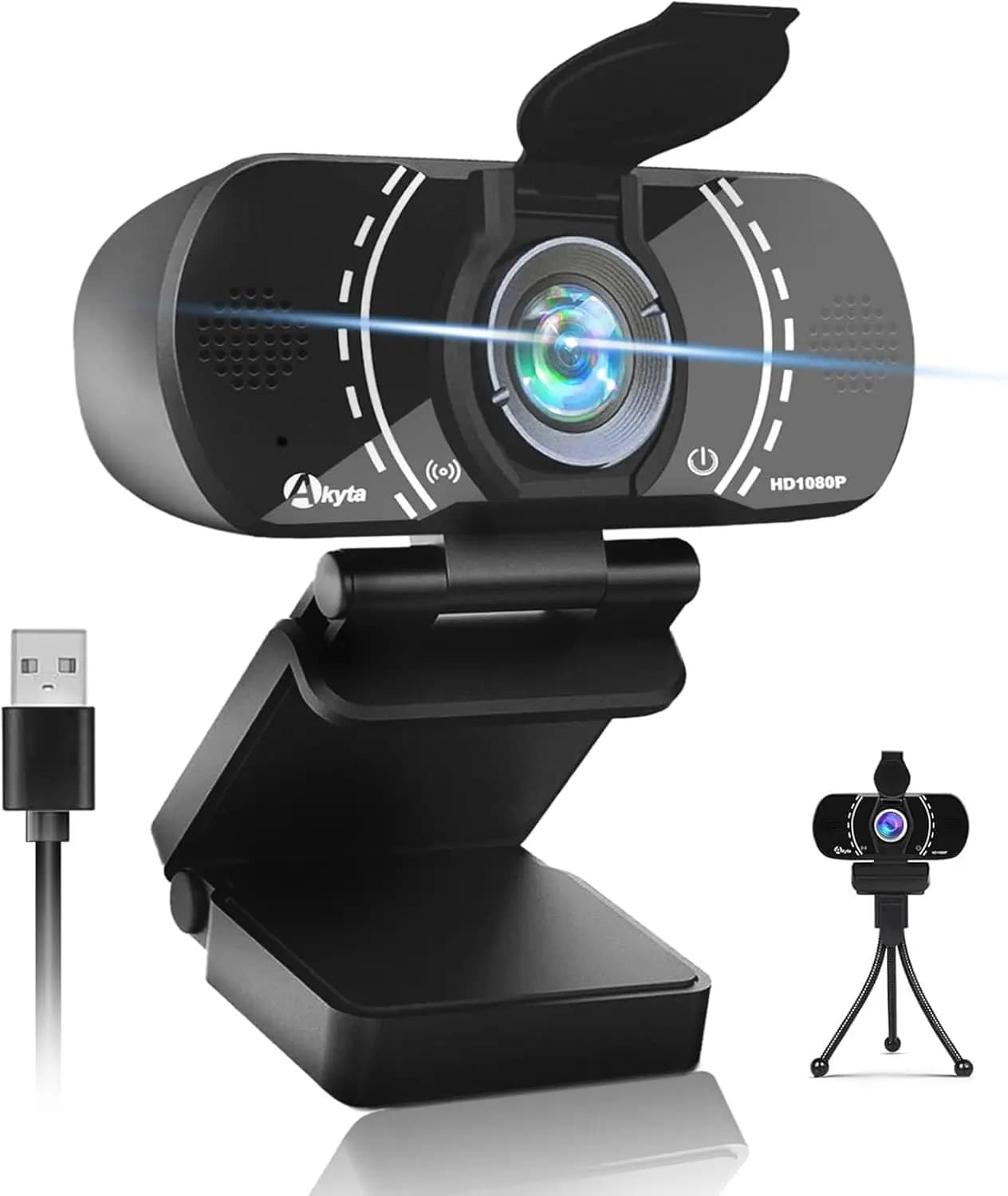 Webcam 1080P con Microfono, Treppiede e Copertura Privacy, 110 ° Telecamera USB grandangolare plug & play per PC, laptop e Mac