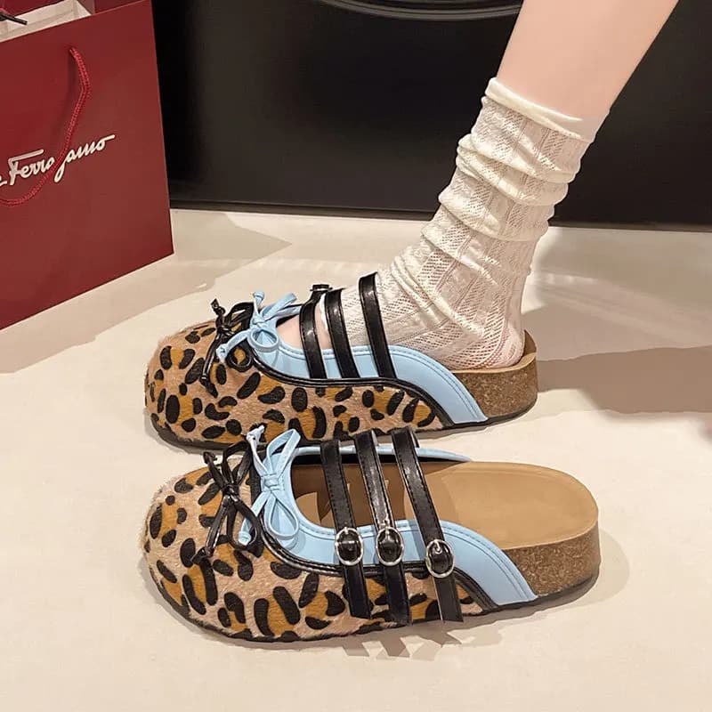 Pantofole con plateau per borsa da donna estiva Senso senior Comfort Suola morbida Mezza resistenza Moda Stampa leopardata Figura di mucca Scarpe da donna