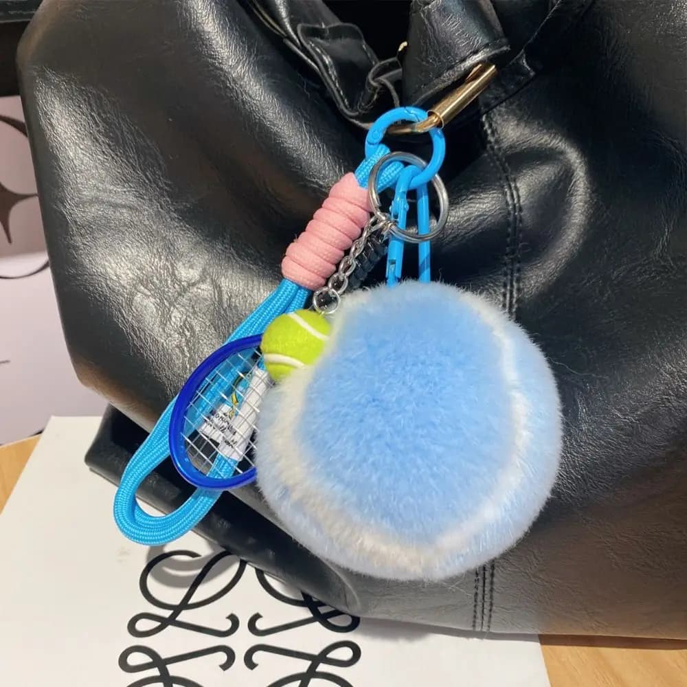 Portachiavi con ciondolo a forma di palla da tennis in pelliccia di coniglio Rex, accessorio anti-smarrimento per zaino, portachiavi da tennis per donna e ragazza