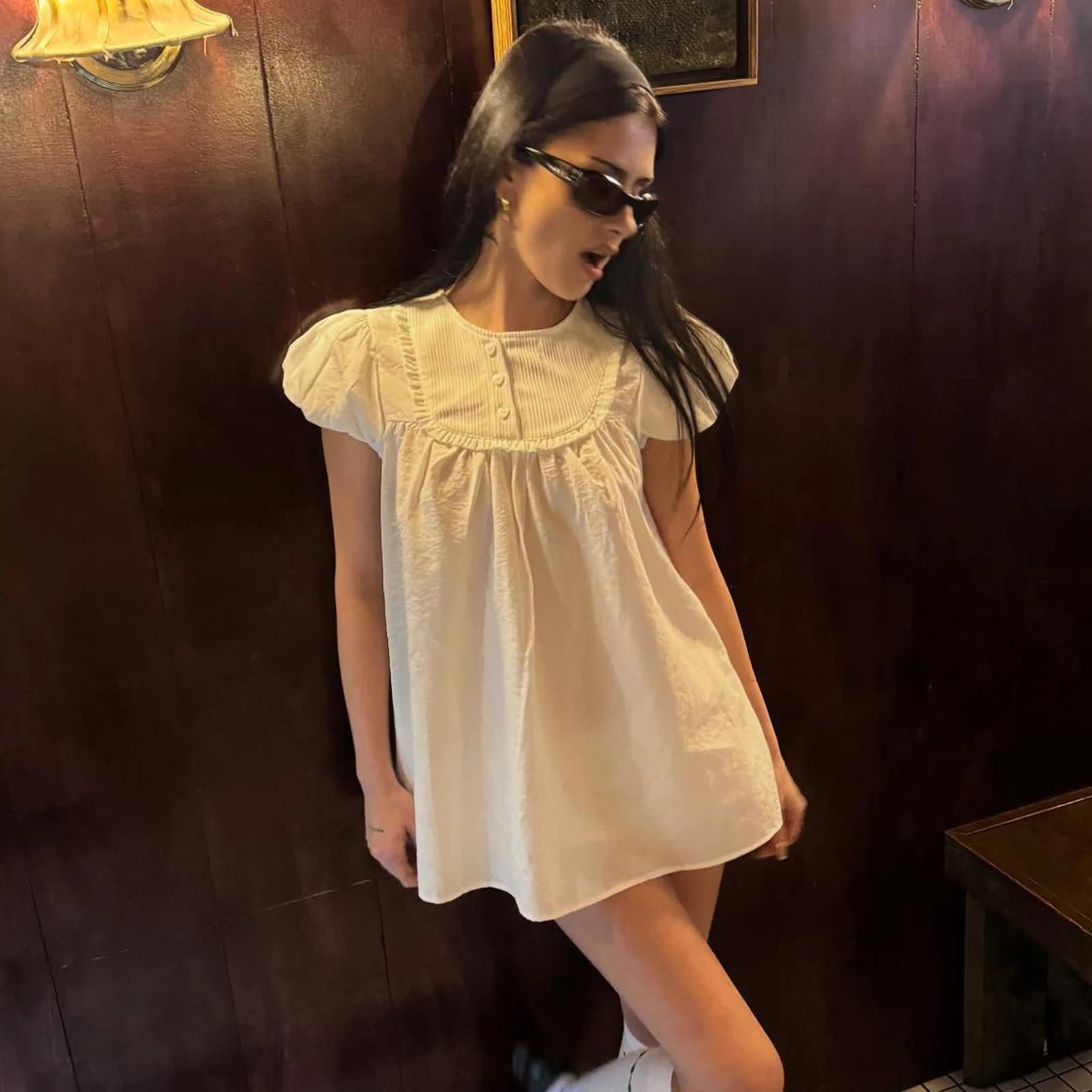 Pure Desire Girl Style White Lace Trim Bubble Sleeve Doll A-Line Short Sleeve Dress Women Summer Loose Slimming Short Skirt