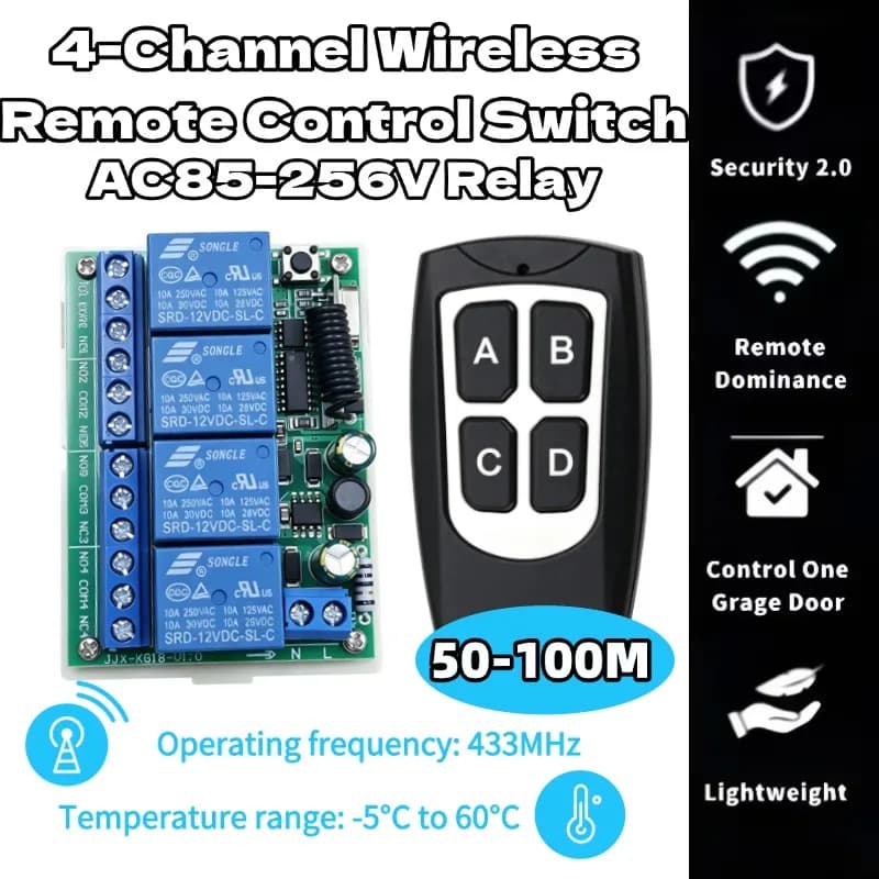 AC220V 10A 4CH Wireless Remote Control Switch Relay Receiving Module and 4-channel RF433MHz Remote Control Transmission