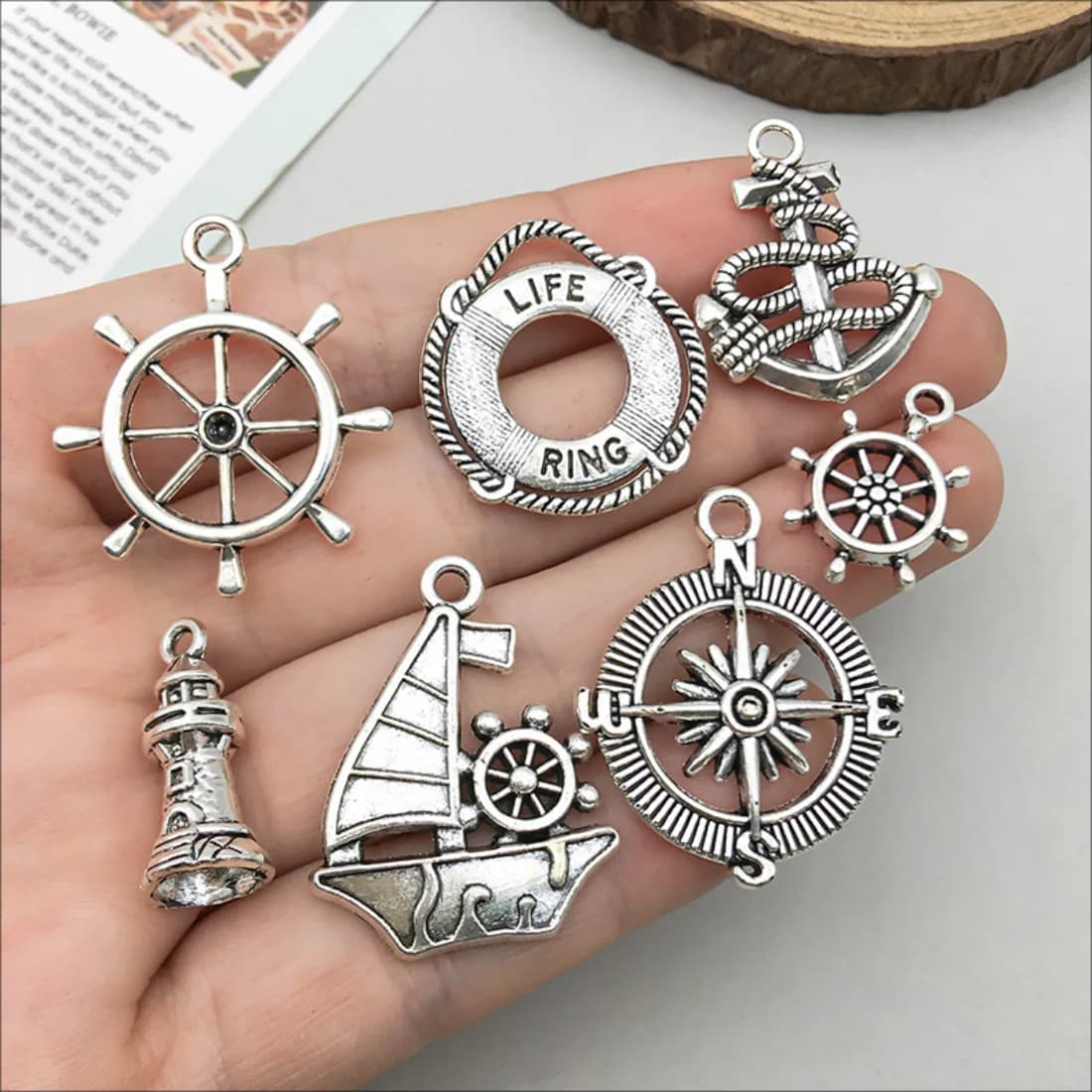 10 pezzi di ciondoli per barche con timone di ancoraggio argentato antico, pendenti di navigazione per bussola, per braccialetti fai da te, accessori per la creazione di gioielli