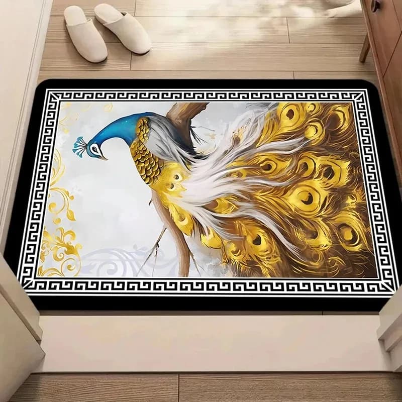 Tappeto decorativo morbido antiscivolo ad asciugatura rapida con motivo di lusso a forma di pavone dorato, per camera da letto e balcone