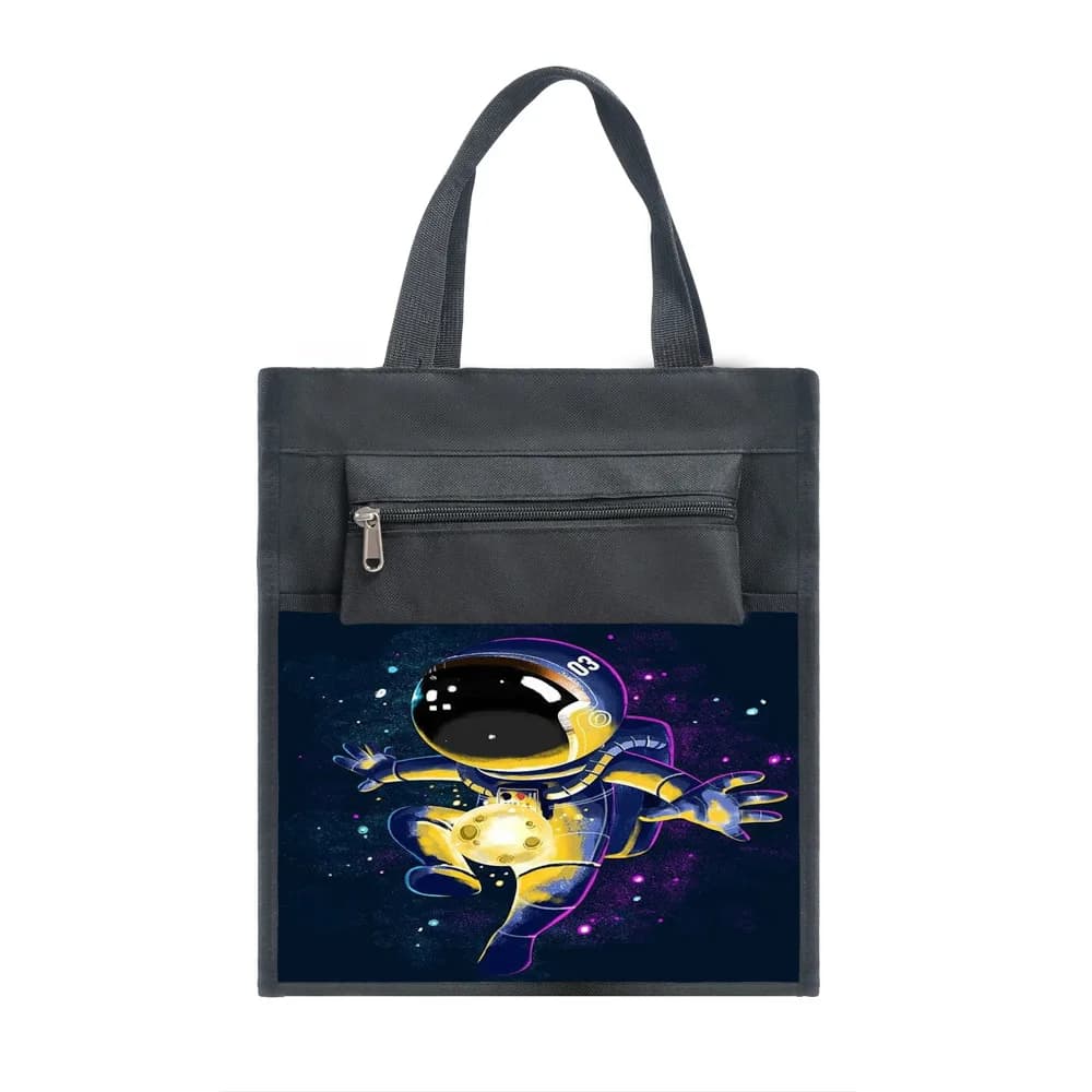 Popular and fun canvas bag with space astronaut, ideal for tutoring and school repair courses, notebook carrying case and books
