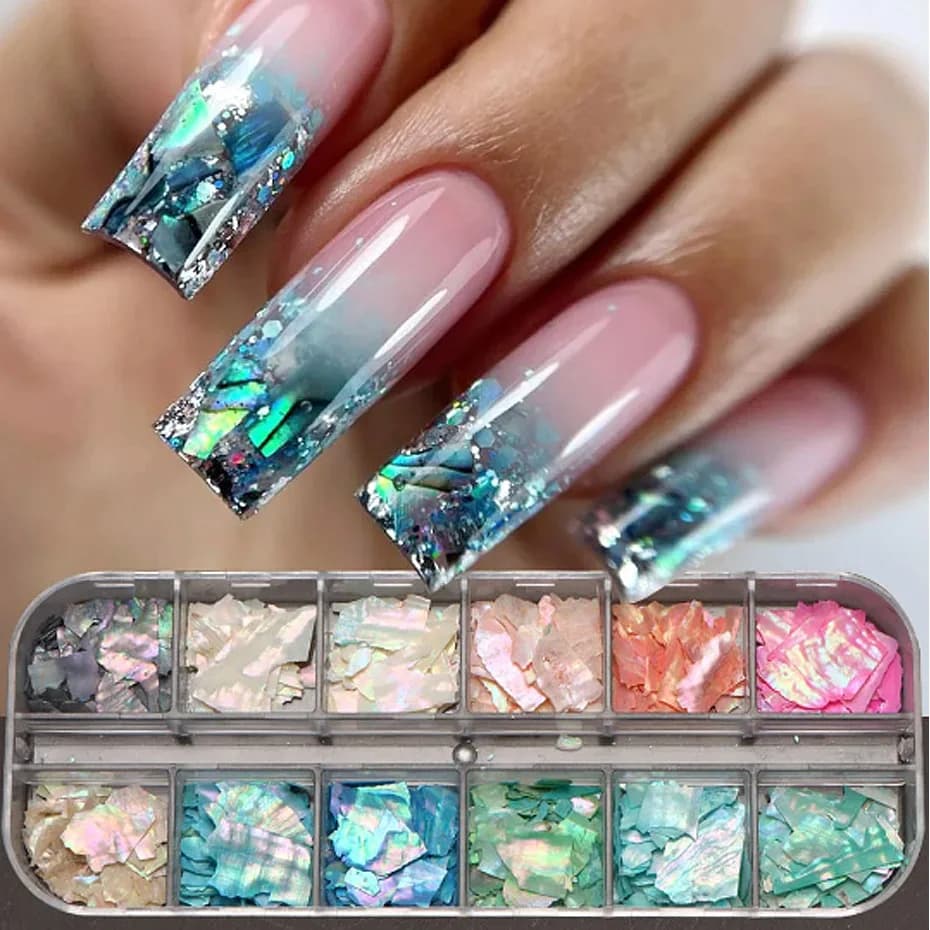 12 Griglia Glitter Abalone Conchiglia Fiocchi Per La Decorazione di Arte Del Chiodo Pendenti E Ciondoli 3D Primavera Estate Fette Manicure FAI DA TE Paillette Accessori
