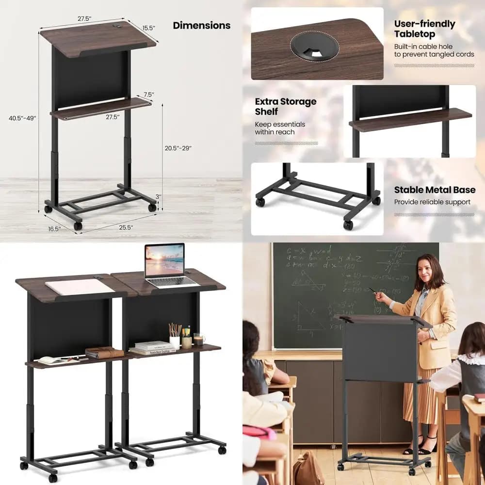 Leggio Regolabile a 3 Posizioni con Piano d'Appoggio, Carrello Mobile per Laptop, Ripiano Portaoggetti, Ruote Bloccabili, Adatto per Aula