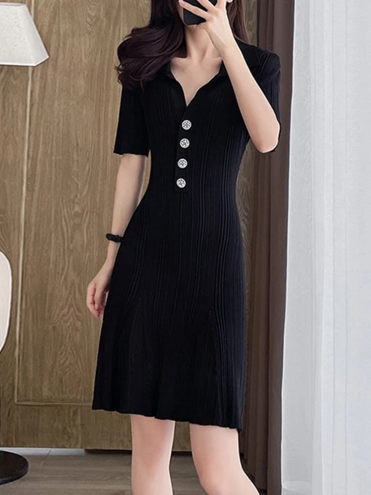 New in Summer Women's Clothing Polo Collar Short-sleeved Ice Silk Knitted Dress White Small Fresh Thin A-shaped Skirt