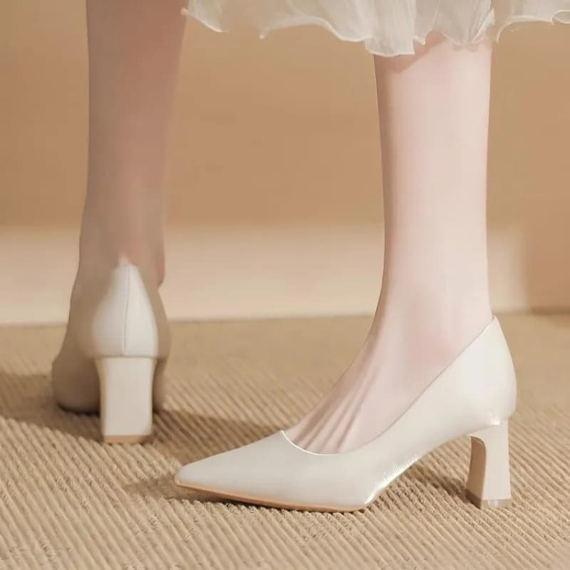 Elegant thick heels for women, shoes with pointed heel, fashionable heels with buckle strap