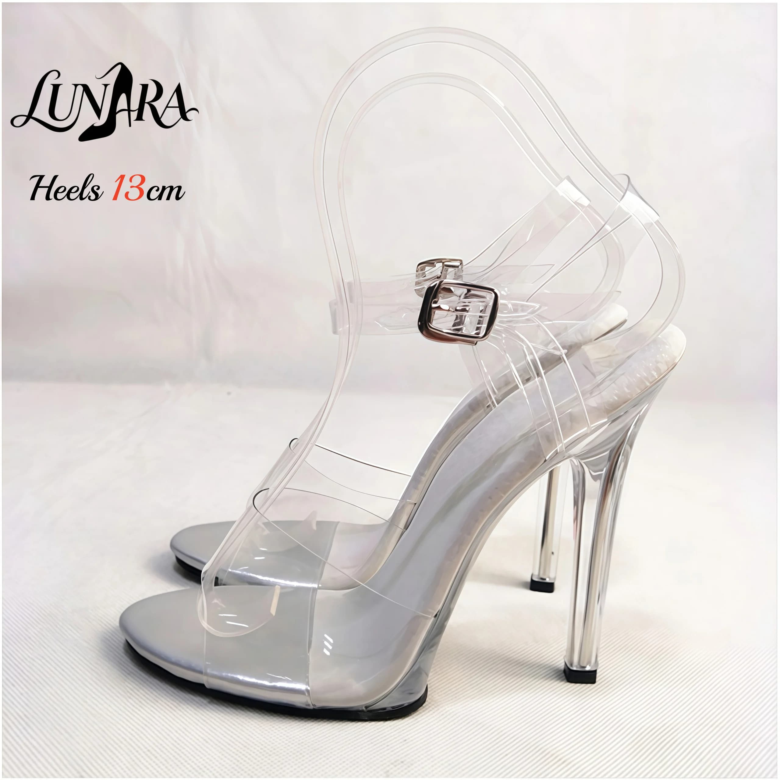 13cm Clear PVC High Heel Sandals Silver PU Toe Cap Open Toe Ankle Strap Buckle Non-slip Sexy Stage Performance Nightclub Shoes