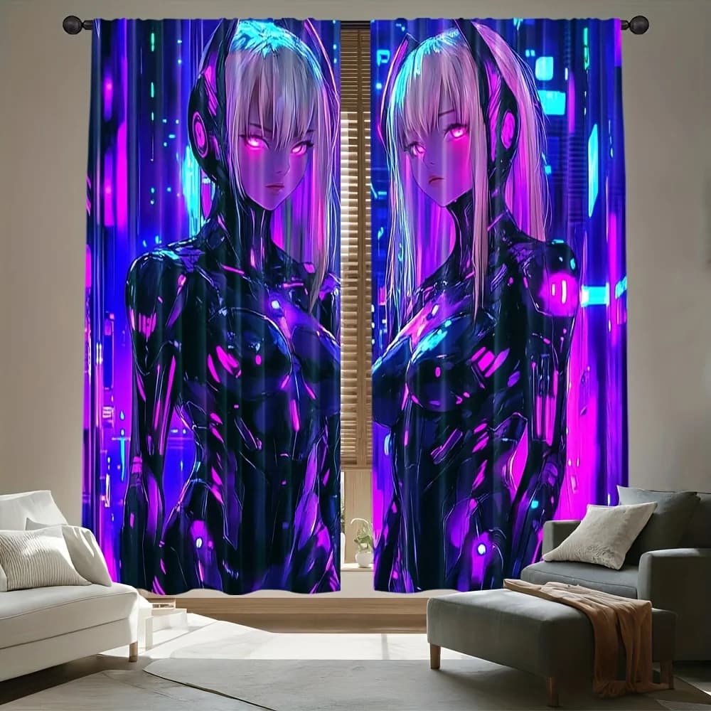Tende anime Cyberpunk da 2 pezzi – Design futuristico al neon, tasca per asta per soggiorno, camera da letto e ufficio (asta non inclusa)