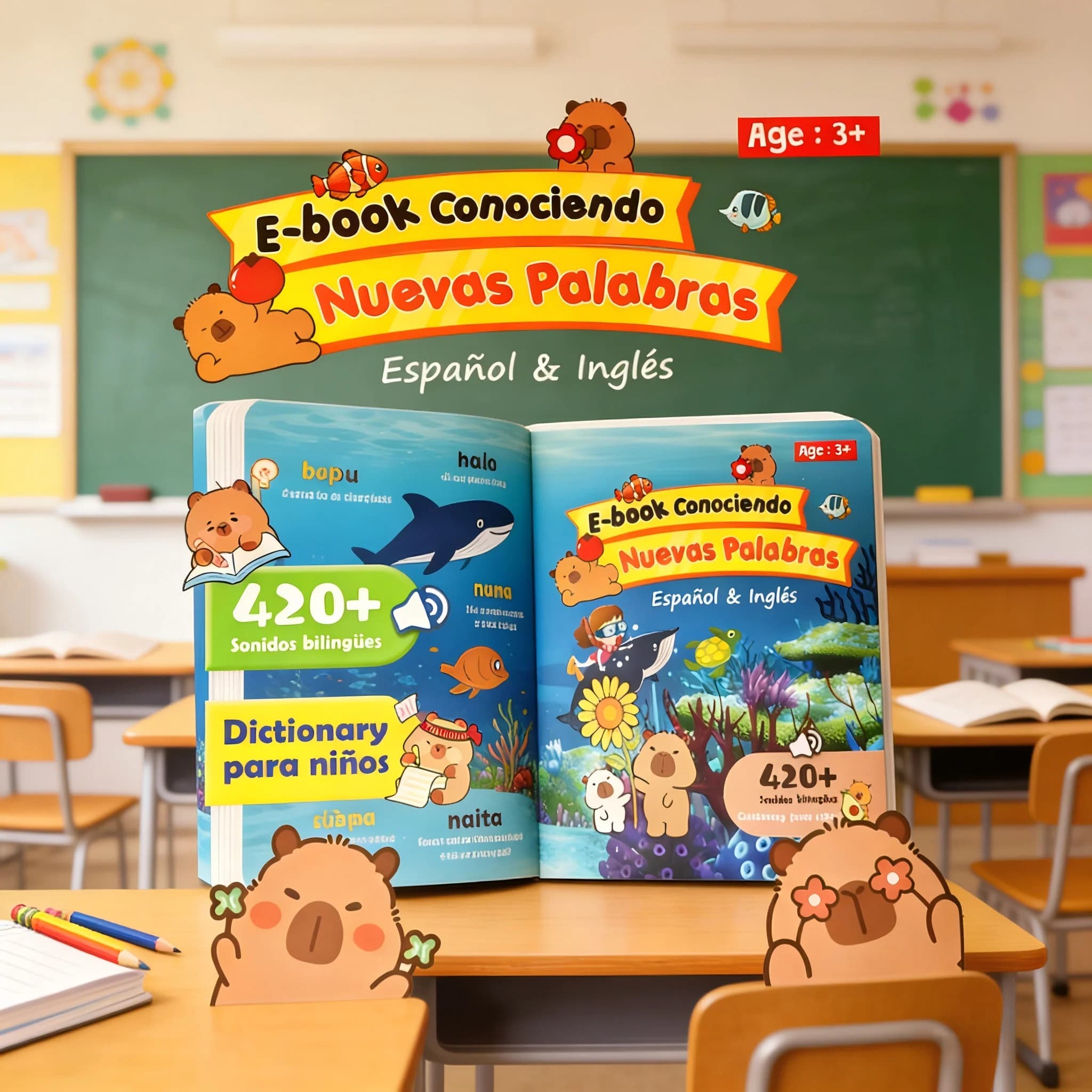 Libro interattivo parlante in spagnolo e inglese per bambini, libro sonoro audio per l'apprendimento della lingua spagnola, gioco educativo bilingue per bambini piccoli.