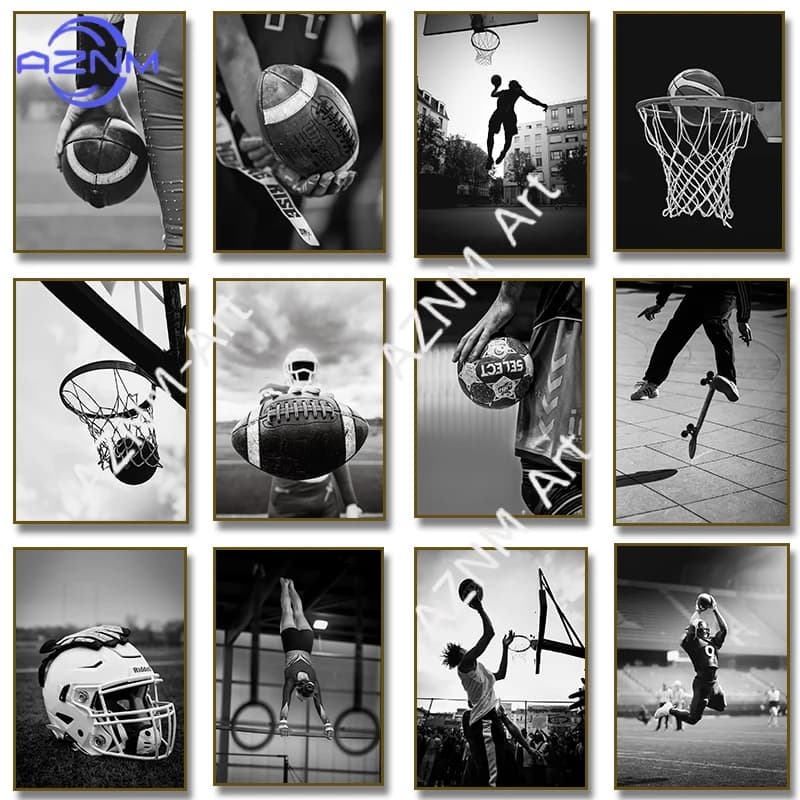 Poster sportivo di baseball, basket, calcio, dipinto su tela in bianco e nero, immagine ispiratrice per la decorazione della camera dei bambini