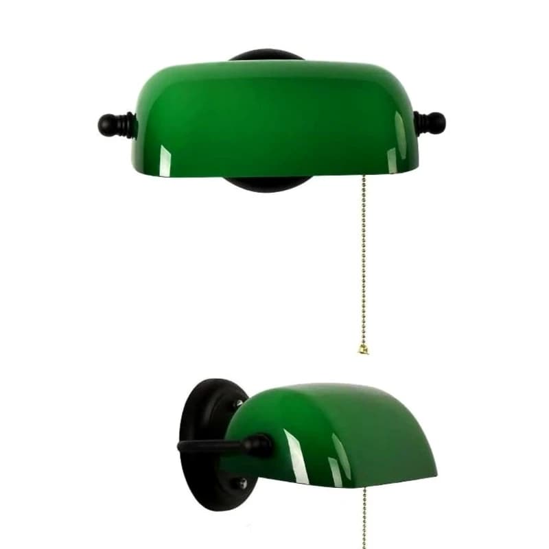 Green Glass Adjustable Industrial Wall Lamp - Vintage Oscillating Arm and Traction Chain, copper wall sconce for pub bedroom lighting