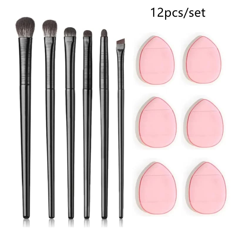 Pennello per ombretto da 6 pezzi e 6 spugna per dita, trucco per occhi sbavato sdraiato baco da seta lama per eyeliner dettaglio occhi piccolo pennello per trucco