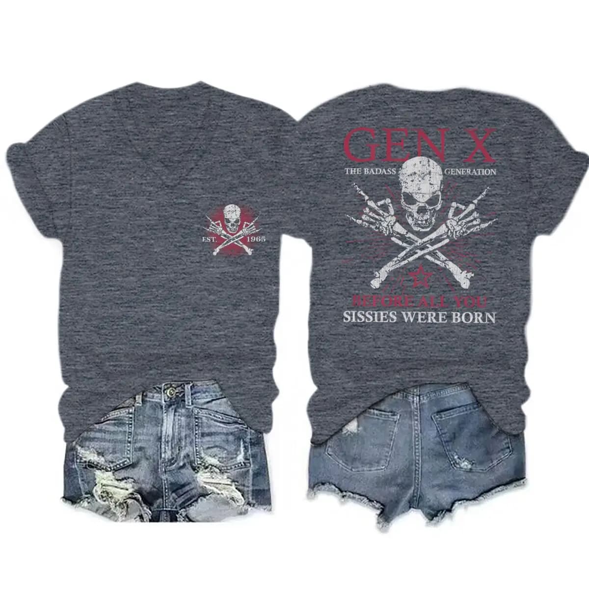 Maglietta vintage da uomo e donna con stampa Generazione X dal 1965 al 1980, The Badass Generation Raised By Skulls, in cotone con scollo a V, maglietta Generation X