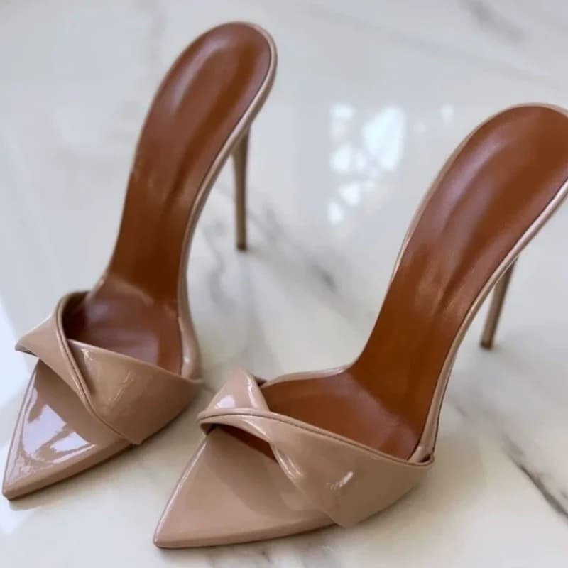 Pointed thin-heeled sandals summer PVC paint belt wrinkled fashion slippers dress large size waterproof platform women's shoes