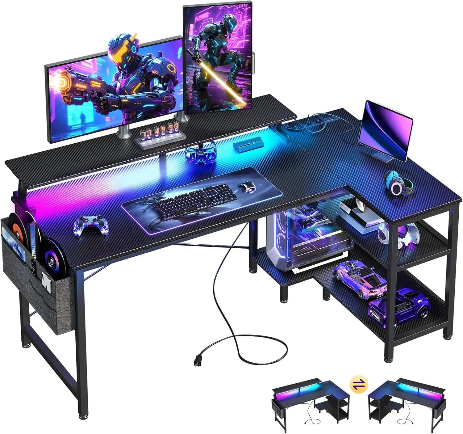 Scrivania da Gaming e Ufficio, Nera con Porte USB, Luci LED, Forma a L Reversibile, Ripiani Portaoggetti e Supporto per Monitor