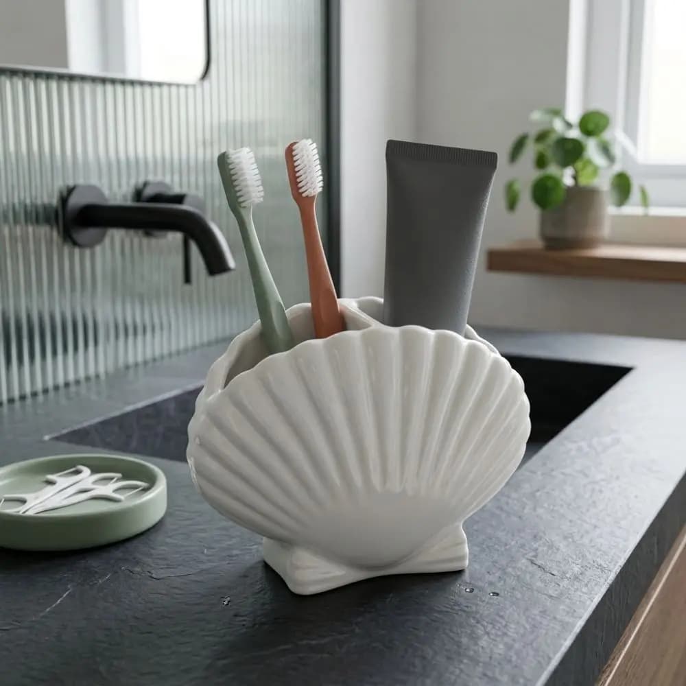 3D Seashell Shell Toothbrush Holder Aesthetic Coastal Style Makeup Brush Holder Plastic Beach Theme Toothpaste Toothbrush Stand