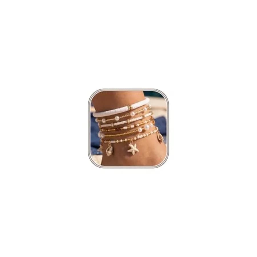 6Pcs Ankle Bracelets for Women - Waterproof Beaded Anklet Bracelet Set, Layered Boho Starfish Seashell Beach Jewelry, Handmade