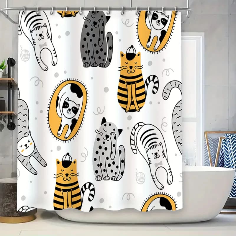 Tenda da doccia moderna con stampa di cartoni animati Set di decorazioni per il bagno di cani e gatti carini per l'arredamento del bagno di casa in bianco grigio giallo striscia nera