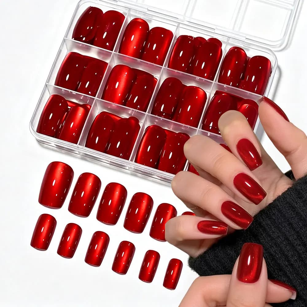 144pcs Shiny Red Cat Eye Press On Nails Glossy Medium Square Cat Eye False Nails Full Cover Acrylic Red Cat Eye Fake Nails #12si