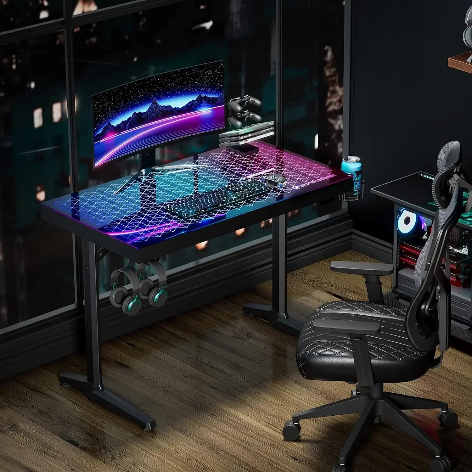 -Desk da gioco LED RGB, sincronizzazione musicale si illumina, desktop in vetro temperato, computer domestico e da ufficio